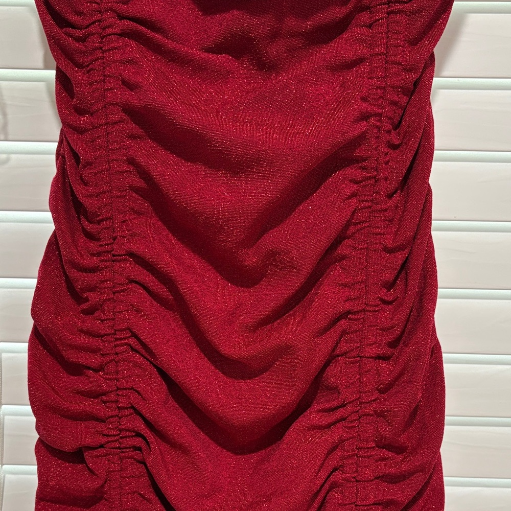 Red Ruched Sparkle Mini Dress - Picture 4 of 8